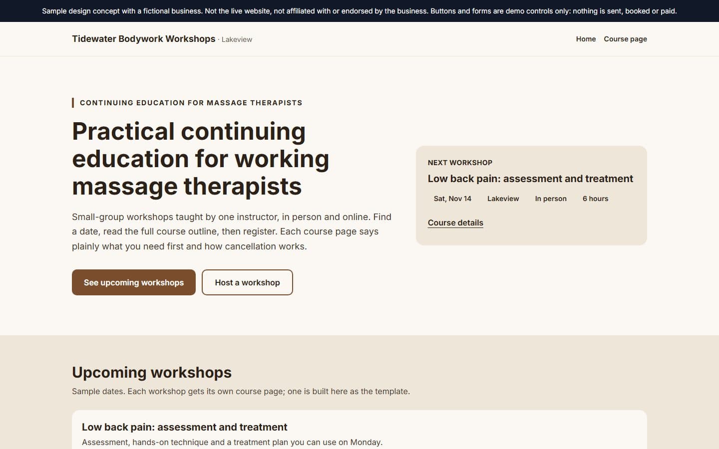 Sample CE instructor website concept showing a list of upcoming workshops with dates, formats and hours
