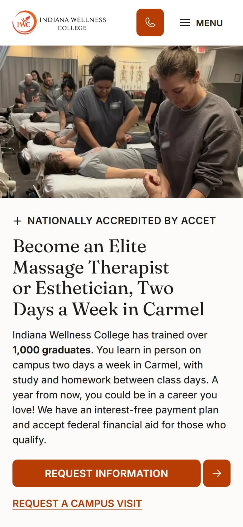 Indiana Wellness College home page on a phone