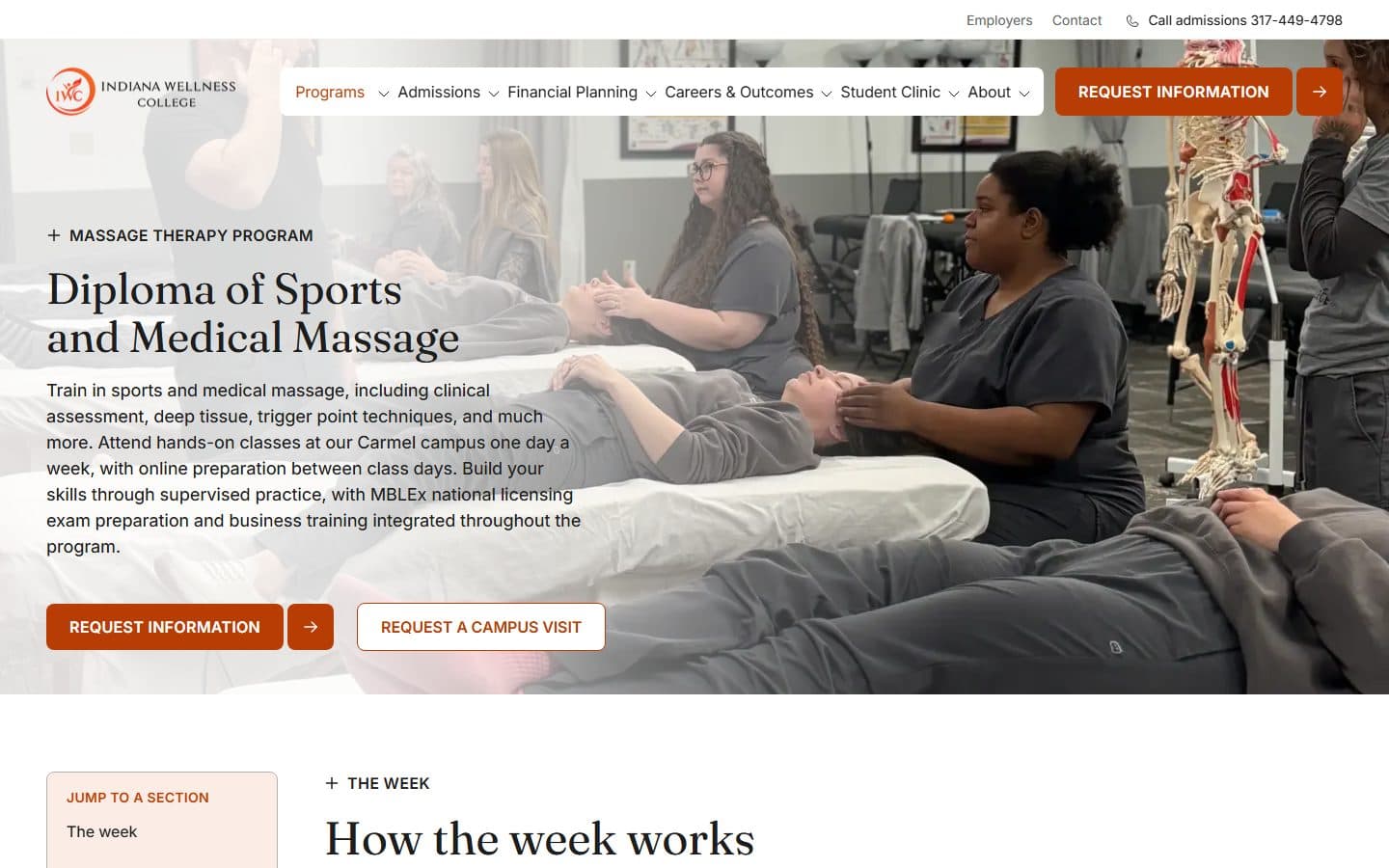 Indiana Wellness College program page for the Diploma of Sports and Medical Massage, with request-information and campus-visit buttons and a jump-to-section list
