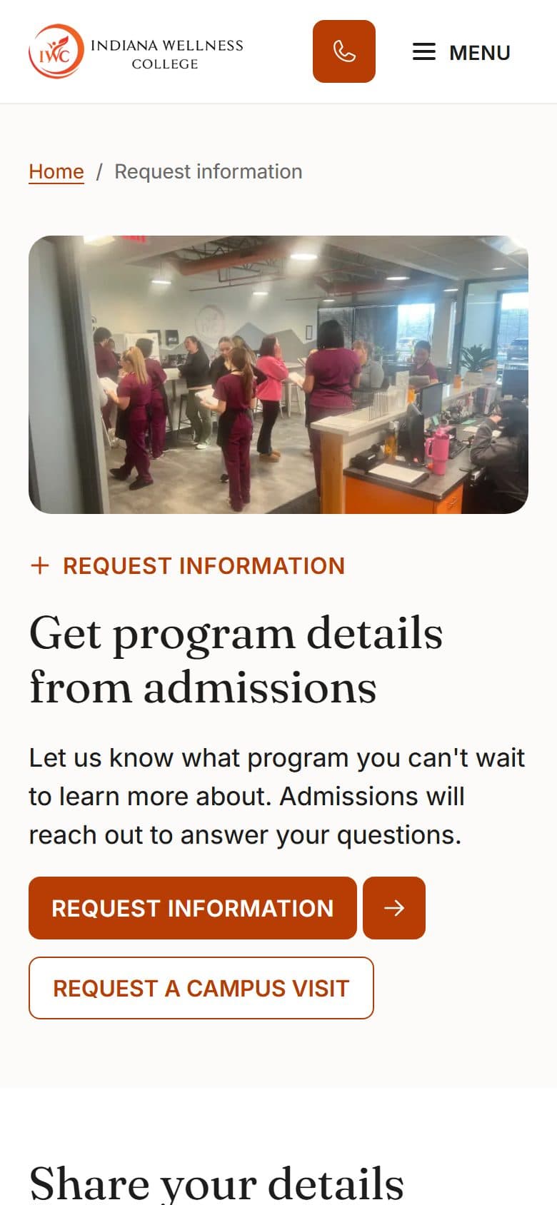 Indiana Wellness College request information page on a phone, with call button and request-information and campus-visit buttons