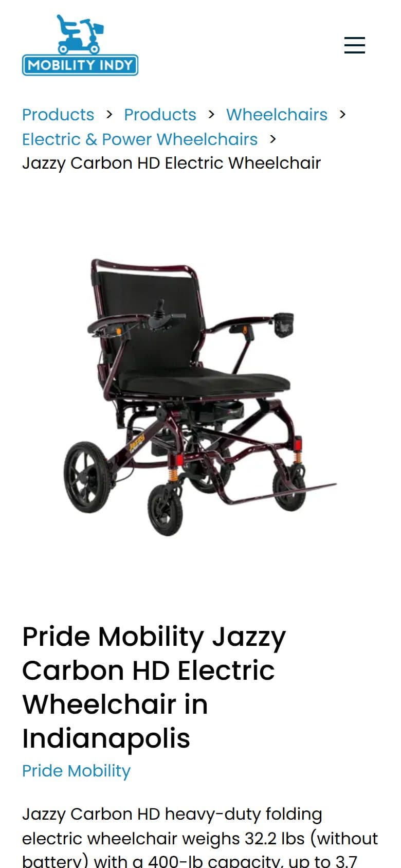 Mobility Indy product page on a phone